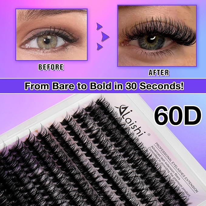 Lash Clusters, DIY Cluster Eyelash Extensions 9‑16mm, 60D, 280pcs Fluffy D Curl Natural Lashes–Fake Cat Eye Wispy Individual Clusters