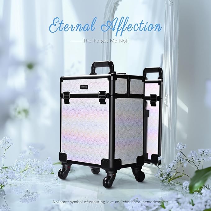 BYOOTIQUE Nail Travel Case for Nail Tech Makeup Torlley Organizer Travel Rolling Cosmetology Hairdressing Brush Bags Barber Suitcase for Beauty Salon Manicurist,Pure ForgetMeNot