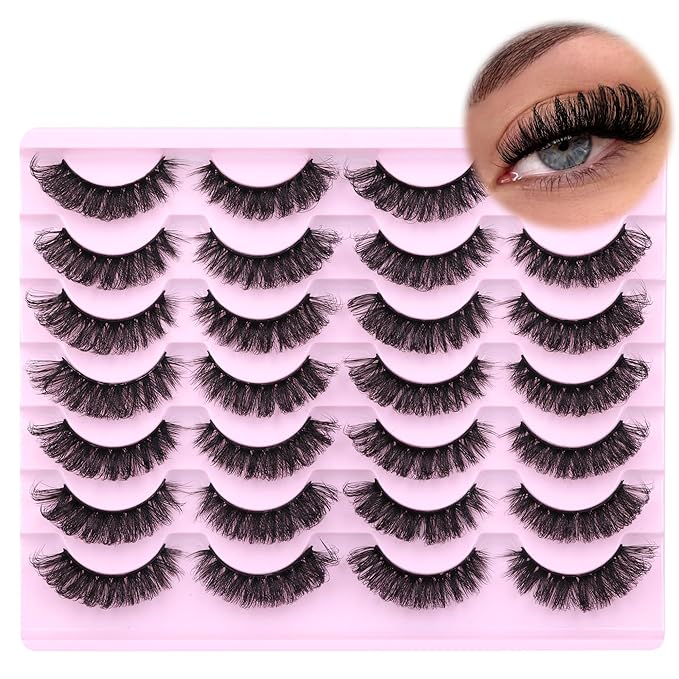 False Eyelashes Volume Russian Strip Lashes D-Curly Fake Eyelashes Extension Wispy Cat Eye Lashes Handmade Soft Reusable 14 Pairs Lashes Pack