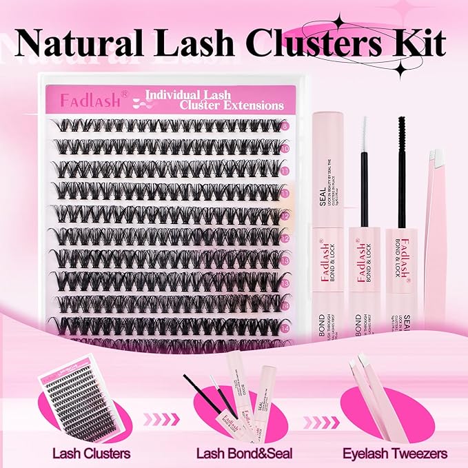 FADLASH Lash Clusters Kit Individual Eyelash Clusters D Curl 40D 8-16mm Eyelash Extension Kit 280Pcs Lash Extensions with Lash Bond and Seal Lash Tweezer for Self Application (40D-0.07D-8-16mm KIT)