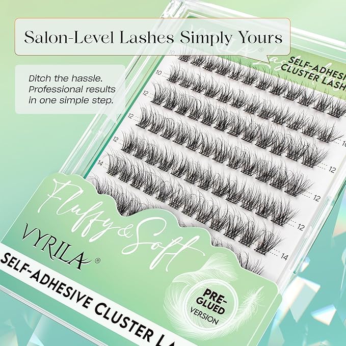 Self-Adhesive Lash Cluster, Pre-Glued Clusters, Pop-On Faux Eyelashes, 3D Thin Band D Curl Natural Look Lahses, Easy to Apply, Reusable 0.05mm Eyelash Extensions (Green Hush-D-0.05-10-16mix)