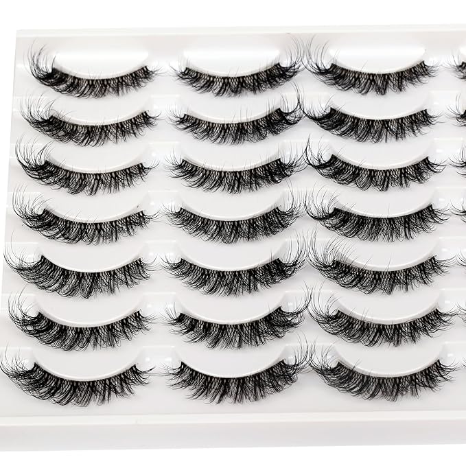 Pooplunch False Eyelashes Volume Wispy Cat Eye Lashes Natural Clear Band Fluttery Short Faux Mink Eye Lashes Fake Eyelash Strips 14 Pairs Pack