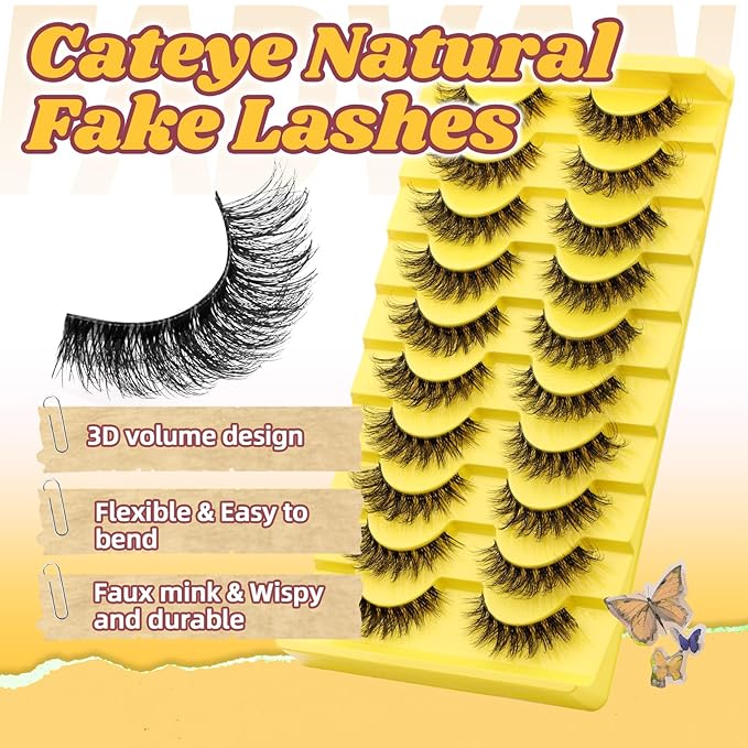 FADVAN Mink Lashes Natural Fluffy False Eyelashes 3D Volume Wispy Lashes Cateye Medium Length fake eyelashes with Clear Lash Glue Pestañas Postizas Naturales 10 Pairs-Lz201