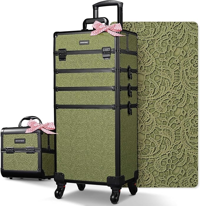 BYOOTIQUE Makeup Train Case Trolley w/Cube Case Cosmetic Organizer Rococo Green