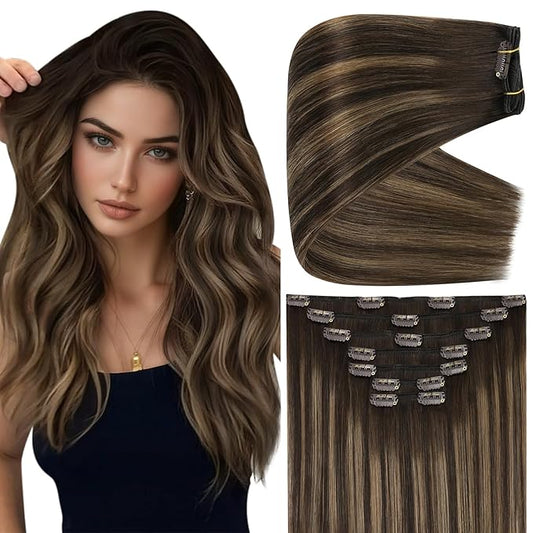 Full Shine Thick Human Hair Clip in Extensions 22 Inch Real Hair Extensions Dark Brown To Ash Brown Hair Extensions for Fullness 7 Pcs 150 G