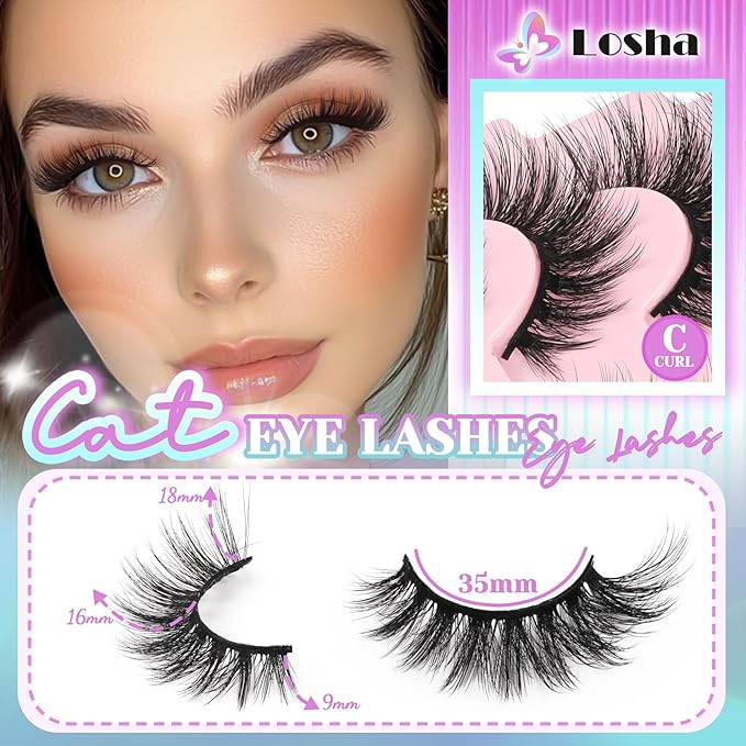 Losha Lashes Wispy False Eyelashes C Curl Cat Eye Lashes Natural Look 7 Pairs Lashes Strips 9-18mm Fluffy Fake Eyelashes with Soft Touch (FC02)
