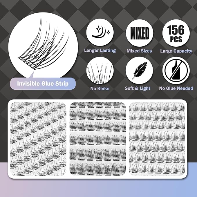 Self Adhesive Eyelashes, 156 Pcs Self Adhesive Eyelash Clusters, No Glue Needed, Invisible Strip Tape - Longer Lasting, No Sticky Residue Pre Glued Eyelashes (Natural-Mixed)…