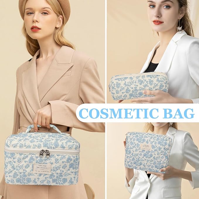 Makeup Bag Set, Quilted Floral Cosmetic Bags for Women, Cute Cotton Makeup Organizer, Travel Toiletry Bag Set (Navy Blue)
