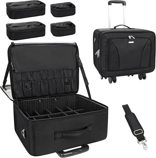 MONSTINA Rolling Makeup Train Case with 4 Detachable 360-Degree Rotation Wheels,Professional Trolley Cosmetic Case, 3-Layer Extra Large Organizer Cart for Makeup Artist Hairstylist
