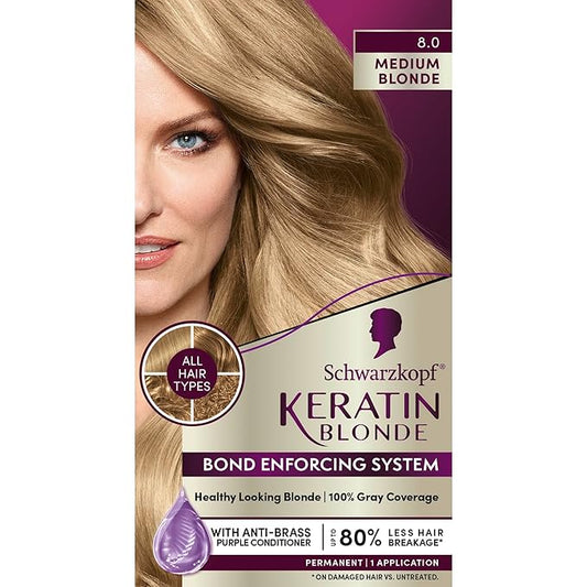 Schwarzkopf Keratin Blonde Hair Dye, 8.0 Medium Blonde, Professional Quality Permanent Hair Color, Bond Enforcing System Helps Prevent Breakage* Pre-Color Serum & Purple Conditioner Included