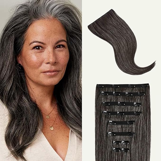 Luxy 100% Remy Human Hair, Classic 160g Clip-In Hair Extensions - 10 Wefts Multi-Dimensional Color for Natural Blending, Adds Volume & Length, Easy Apply & Remove 16" Dark Gray Classic
