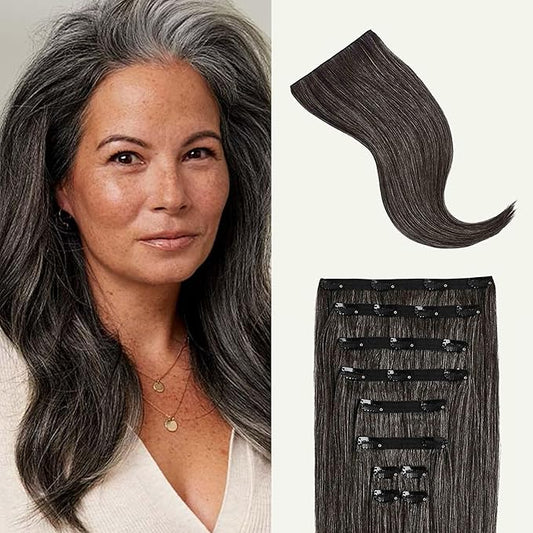 Luxy 100% Remy Human Hair, Classic 160g Clip-In Hair Extensions - 10 Wefts Multi-Dimensional Color for Natural Blending, Adds Volume & Length, Easy Apply & Remove 20" Dark Gray Classic