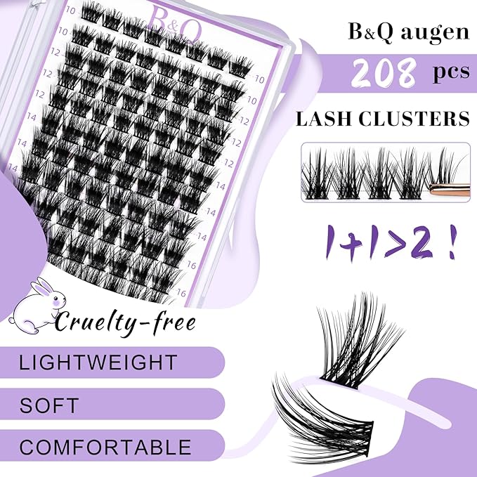 Lash Clusters 208 PCS Cluster Lashes Individual Lashes B37+B28 Eyelash Extensions 10-18mm DIY Lash Extensions D Curl Volume Wispy Soft Comfortable Band False Lashes (D-10-18MIX,B37+B28)