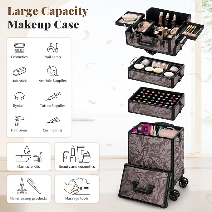 Profesional Rolling Makeup Train Case with Lid, 5 in 1 Cosmetology Case on Wheels, Large Cosmetic Trolley Organizer Travel for Hairstylist Artist Nail Beauty Salon Barber, Brown Ink