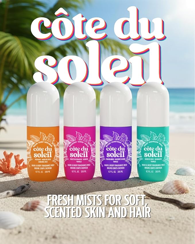 PB ParfumsBelcam Côte du Soleil Pistachio Coconut Caramel Hair & Body Fragrance Mist – Warm Beachy Gourmand Spray with Jasmine – All Day Hair Perfume & Refreshing Body Spray, 6.7 fl.oz