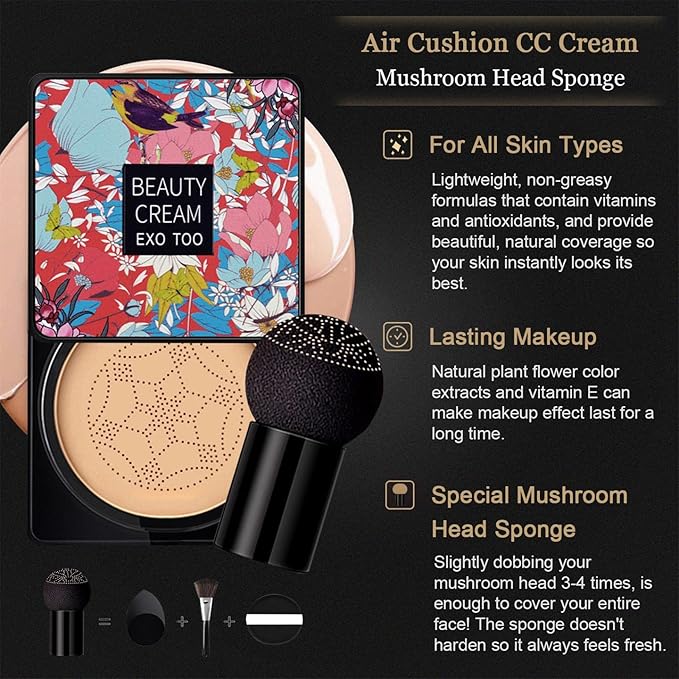 NUIBO 2PCS Air Cushion CC Cream Mushroom Head, Moisturizing Concealer Makeup Base, Primer Liquid Foundation Long Lasting with Two Mushroom Makeup Sponges 【1 X Natural & 1 X Ivory】