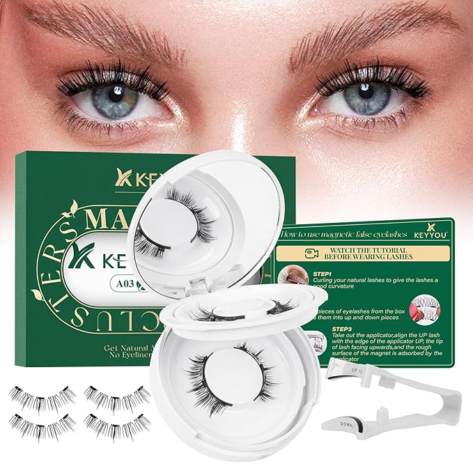 KEYYOU Daily Wear Reusable Magnetic Eyelashes 2 Pair with Applicator No Glue Needed 3D Natural Magnetic Lashes, Easy to Apply & Long Lasting for Daily Use & Events(A03+A03)