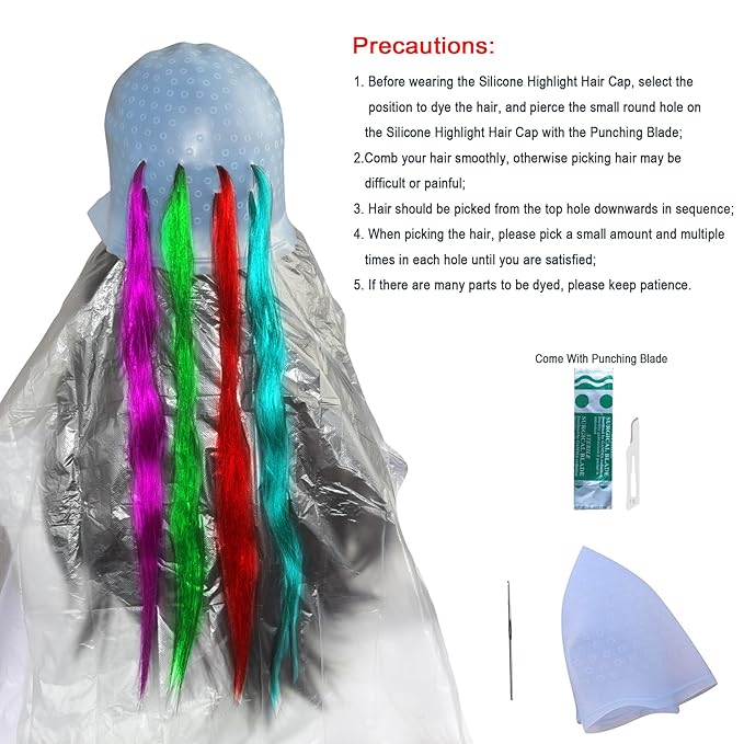 Silicone Highlight Caps for Color Hair 24 Pcs, Reusable Highlighting Caps with Hooks & Salon Hairdressing Dyeing Staining Tools Set for Women Men