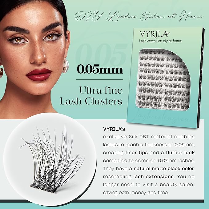 Lash Clusters 0.05mm Individual Lashes, 3D Wispy Lashes Clusters, 0.1mm Super Thin Band Resuable Natural Lashes,C Curl Faux Mink Lashes,144pcs Lash Extension (Green Hush-C-0.05-8-16mix)