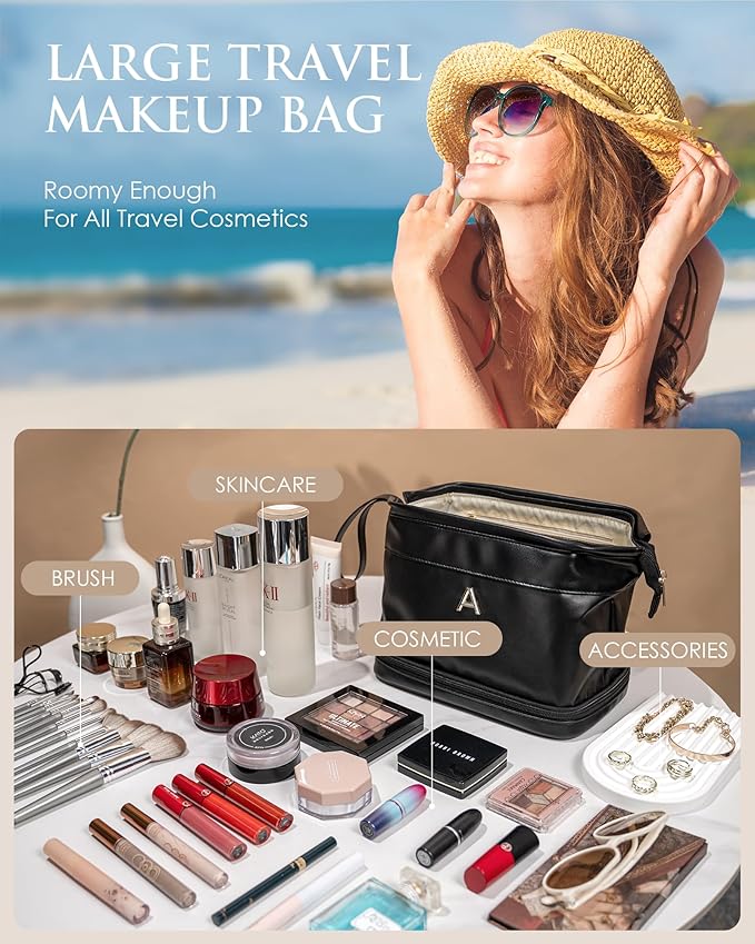 Gifts for Friends Female Mom, Initial Makeup Bag, Personalized Double Layer Cosmetic Bag with Makeup Brush Organizer, Waterproof, Large Capacity PU Leather Travel Toiletry Bag, Gift for Wife