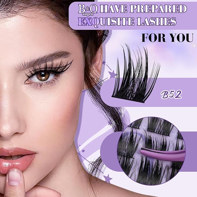 B&Q Wispy Lash Clusters Kit B52, DIY Lash Extension Kit 156PCS Eyelash Extension Kit, Soft Natural Lash Clusters 8-18MIX D Curl Lash cluster, Thin Black Band Cluster Eyelash Extensions (B52 Set)