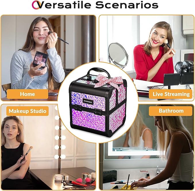 BYOOTIQUE Mermaid Makeup Train Case with Mirror 2-Tier Trays Cosmetic Organizer Lockable Jewelry Box for Nail Bar Beautician Salon Barber Hairstylist,Mermaid Pink