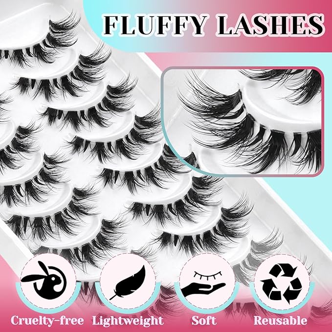 Losha Lashes Wispy Cat Eye Lashes 10 Pairs Natural False Eyelashes with Clear Band 7-16mm Soft Faux Mink Lashes C Curl Lash Strips with Spiky Design (FT01)