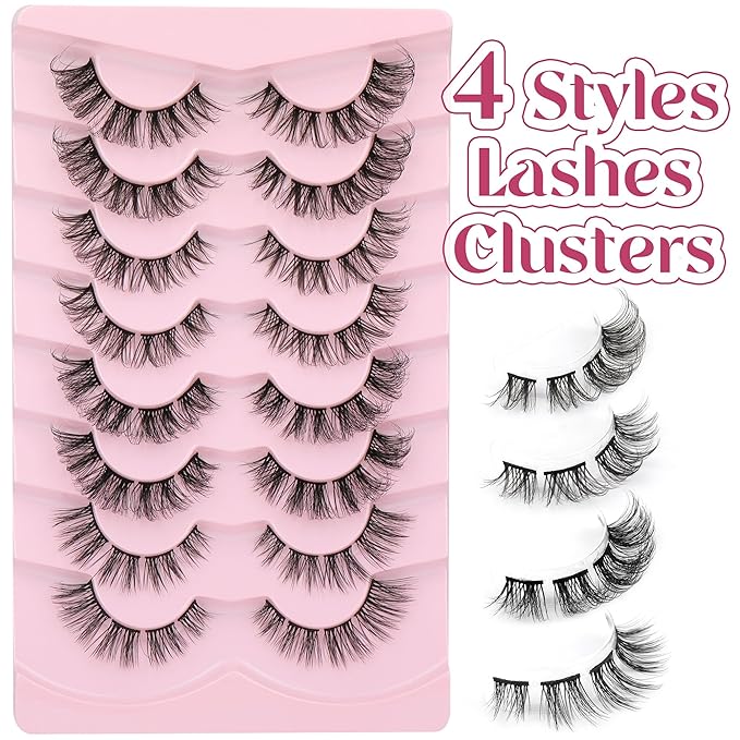 Natural Lash Clusters D-Curly False Eyelashes Extensions 4 Styles Mixed Wispy Individual Lashes16mm Cluster Eyelashes Fluttery Volume Lashes 8 Pairs Multipack by Eefofnn