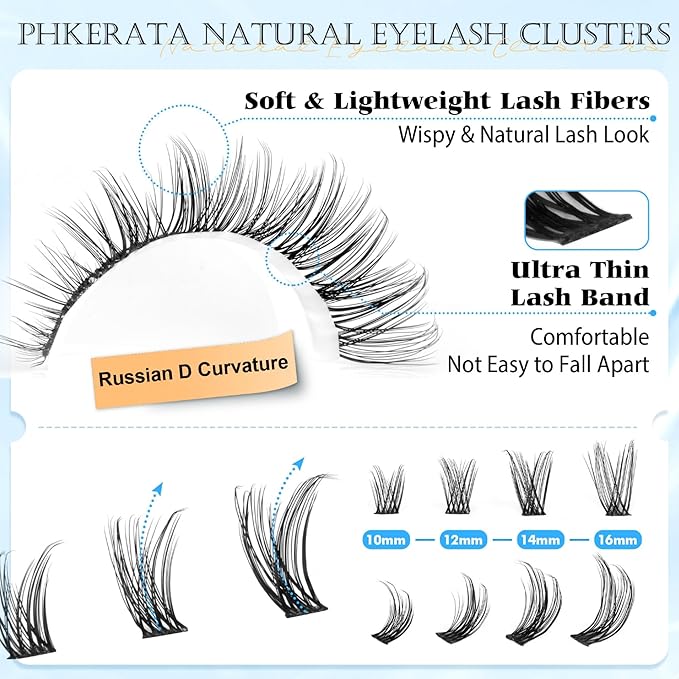 Natural Lash Clusters Wispy Eyelash Clusters 160 pcs Individual Lashes D Curvature Wispy 10-16 mm Cluster Eyelash Extensions DIY Eyelash Extension with Thin Lash Band