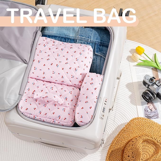 Makeup Bag for Women 3PCS Quilted Cotton Make Up Bag Travel Cosmetic Bag Large Makeup Bag Set Cute Makeups Organizer Floral Toiletry Pouch for Purse, Mini Cherry