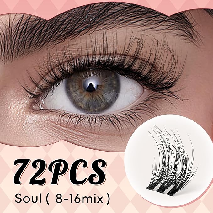 Lash Clusters 0.05mm PBT Fiber Eyelash Clusters, 0.1mm Superfine Invisiband D Curl Diy Lash Extension, 72pcs 8-16mm Individual Like Eyelash Extensions (Soul-D-8-16Mix)