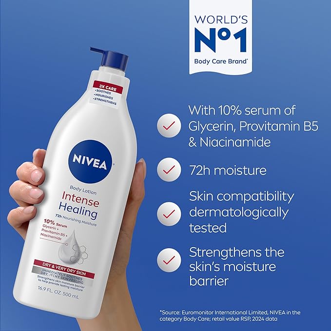 NIVEA Intense Healing Body Lotion for Very Dry, Itchy Skin with Glycerin, Provitamin B5 and Niacinamide, 72-Hour Body Moisturizer, Holiday Gifts for Self Care, 16.9 Fl Oz Pump Bottle
