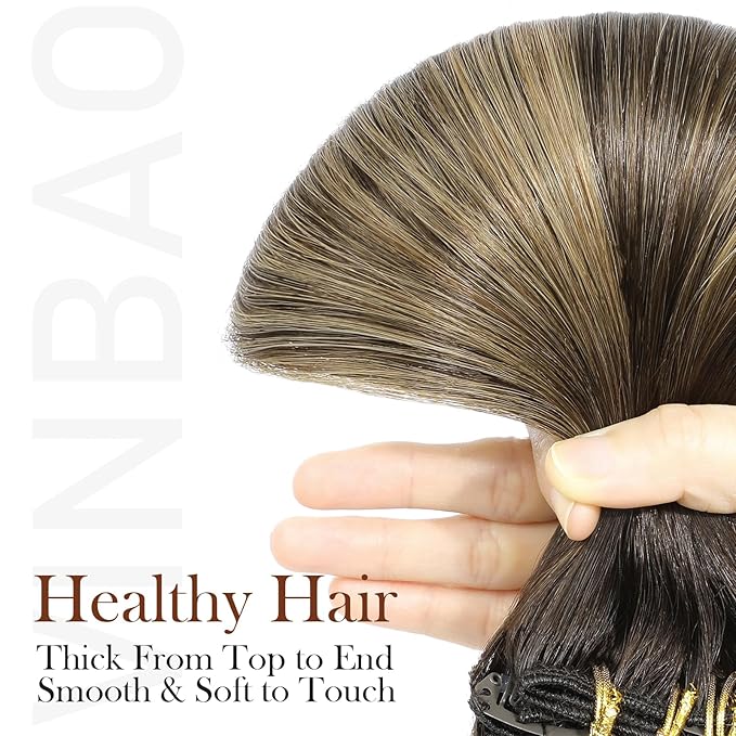 VINBAO Thicker Clip in Hair Extensions Real Human Hair, 16inch 140g 7Pcs, 2/6/18 Balayage Dark Brown to Dirty Blonde, Human Hair Clip in Hair Extensions Double Weft (#HC2618,16'')