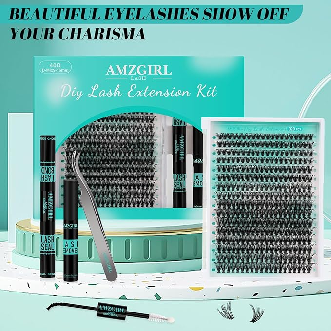 Lash Extension Kit 320Pcs,DIY Individual Lashes Clusters Kit,Lash Bond And Seal,Lash Remover For Eyelashes Extensions,Lash Applicator Tool For False Eyelash Cluster Kit At Home(40D,D-Mix9-16mm Kit)