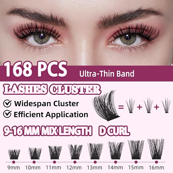 Lash Clusters for DIY Lash Extension at Home, Wispy Natural Individual Clusters Lashes False Eyelashes 168 Count 0.07D 9-16MM Mix D Curl Eye Lash Extensions (U02 Lash 9-16MM)