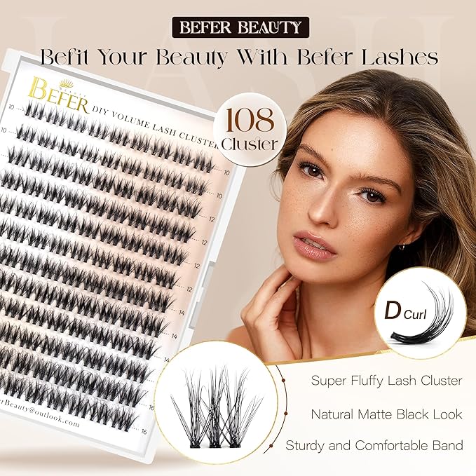 BEFER Lash Clusters, 108 Pcs 3D Curl Eyelash Clusters Volume Individual Lashes Extensions 10-16MM Wispy Eyelash DIY At Home(Wit, ZE12)