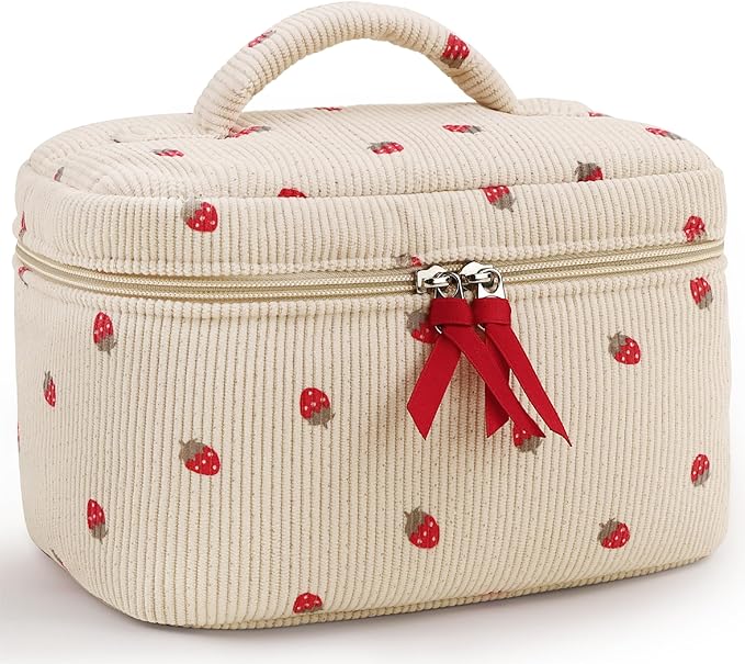 Prite Corduroy Large Travel Quilted Makeup Bag for Women Floral Cotton Cosmetic Bag Coquette Aesthetic Floral Toiletry Organizer Bag(Strawberry)