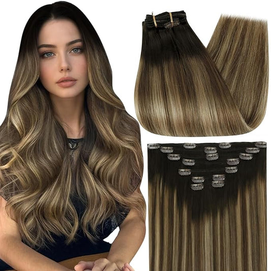 Full Shine Ombre Hair Extensions Dark Brown Ombre Light Brown Mix Honey Blonde Ombre Clip in Hair Extensions Double Weft Seamless Clip ins 18 Inch 7 Pcs 120 G