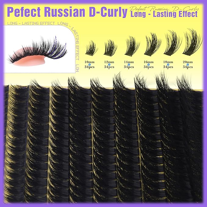 ALICE Fluffier Volume Lash Clusters Kit - Wispy Eyelash Clusters Kit 204pcs Thick 100D Spiky Russian D-Curly Anime Eyelash Extension Kit - Individual Lashes Kit with Lash Glue for DIY at Home