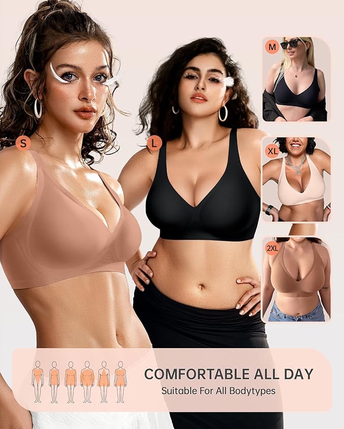 OEAK Womens Deep V Bras Wireless Comfortable Bra Supportive No Underwire Bras Tshirt Push Up Bralettes Plunge Seamless Bra