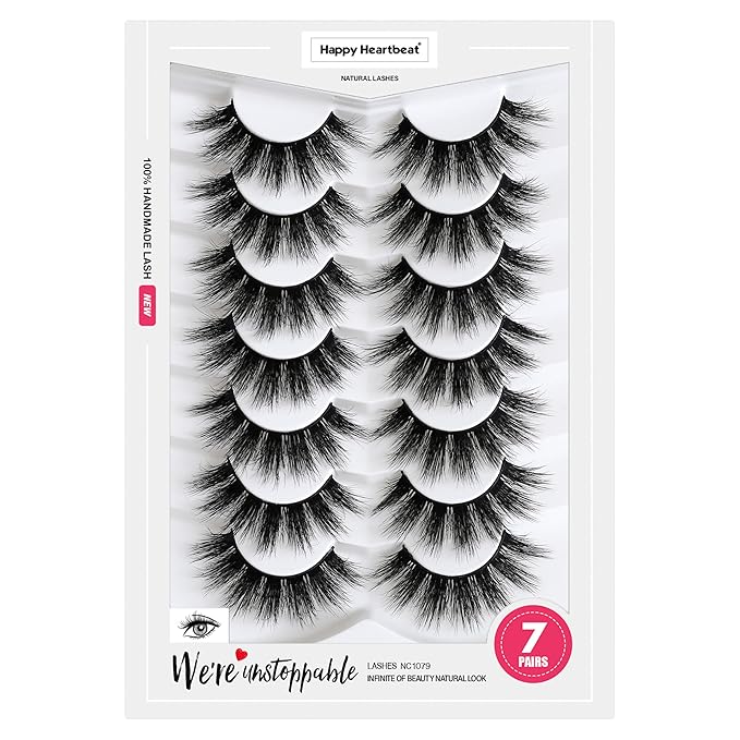 False Eyelashes 5D Fluffy Thick Dramatic Soft Faux Mink Lashes Volume Long Natural Wispy Reusable Makeup Fake Eye Lashes Pack 7 Pairs Happy Heartbeat(No.363)