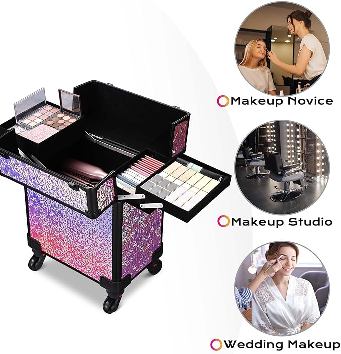 BYOOTIQUE Rolling Cosmetology Case on Wheels Hairdressing Brush Bags Lash Storage Box Cosmetic Organizer for Makeup Artist Beauty Salon Nail Technician Hairstylist,Mermaid Pink