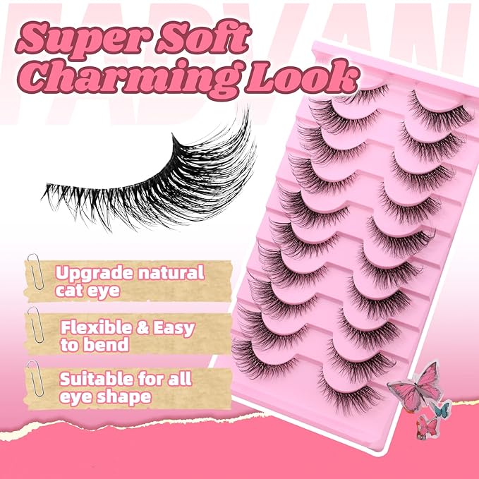 FADVAN 10 Pairs Natural Cat Eye Lashes Wispy False Eyelashes Thin Cotton Band Soft Mink Lashes Natural Flared Eyelashes