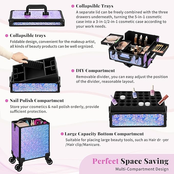 Profesional Rolling Makeup Train Case with Lid, 5 in 1 Cosmetology Case on Wheels, Large Cosmetic Trolley Organizer Travel for Hairstylist Artist Nail Beauty Salon Barber, Gravel Purple