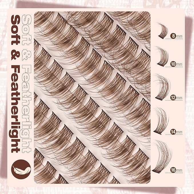 Brown Lash Clusters Kit Natural Eyelash Extension Kit Gently Fluffy Lashes Extensions C-Curly Dark Brown Cluster Lashes with Lash Bond and Seal Clear and Tweezers Daily DIY Lash Kit (154PCS, 8-16MM)