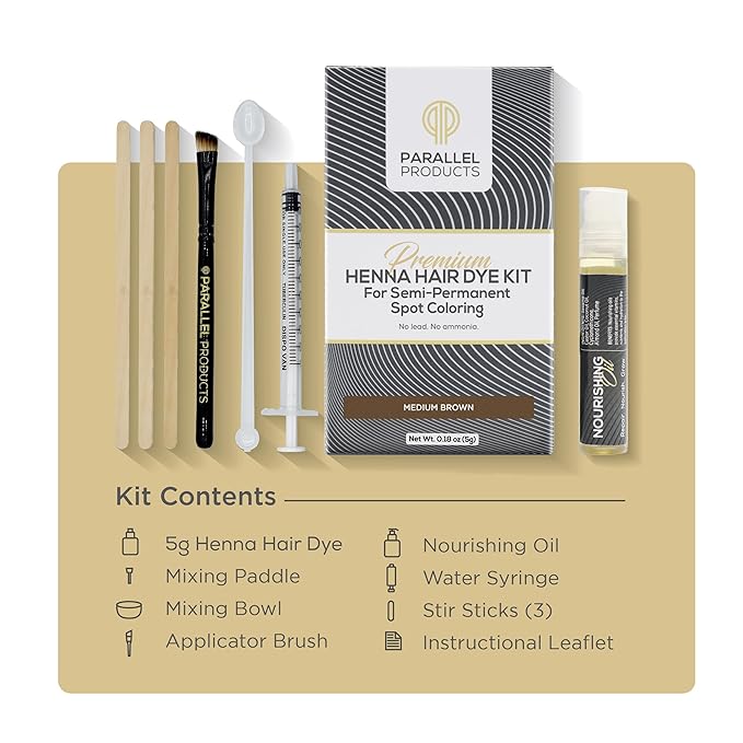 Parallel Products Spot Color Henna Kit - Henna Hair Dye - 5 grams - Tint for Professional Spot Coloring - With Nourishing Oil, Mixing Dish and Application Brush - Root Touch Up (Medium Brown)