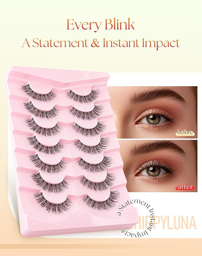 Natural Eyelashes 15MM False Lashes Natural Look C Curl Strip Lashes with 0.03MM Ultra Thin Band Fake Eyelashes ChirpyLuna Lash Pack, 7 Pair