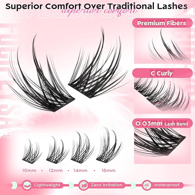 Focipeysa Natural Lash Clusters Eyelash Clusters Natural Wispy Lash Extensions Cat Eye Eyelashes Extension C-curl Individual Eyelashes Extensions 10-16mm Eyelashes Clusters DIY Lashes