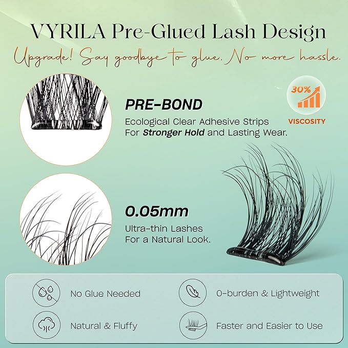 Self-Adhesive Lash Cluster, Pre-Glued Clusters, Pop-On Faux Eyelashes, 3D Thin Band D Curl Natural Look Lahses, Easy to Apply, Reusable 0.05mm Eyelash Extensions (Green Joy-D-0.05-10-16mix)