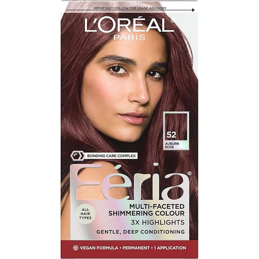 L’Oreal Paris Feria Multi-Faceted Shimmering Permanent Hair Color, High Intensity Hair Dye for 3X Highlights, 52 Auburn Rose, 1 Hair Dye Kit
